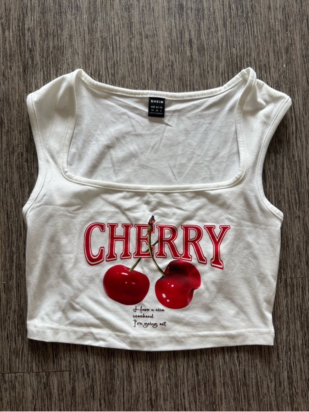 SHEIN White Crop Tank with Red Cherry Graphic